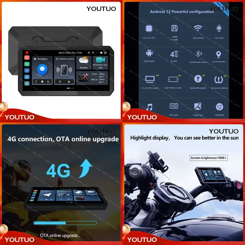 Motorcycle GPS Navigation with TPMS IP67 Waterproof HD DVR Dual Bluetooth Support Android System Support 4G Network