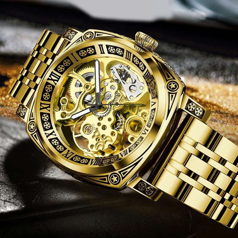 GLENAW Skeleton Mechanical Watch Men Vintage Engraved Auto Mechanical Wrist Watches Gold Stainless Steel Strap Erkek Kol Saati