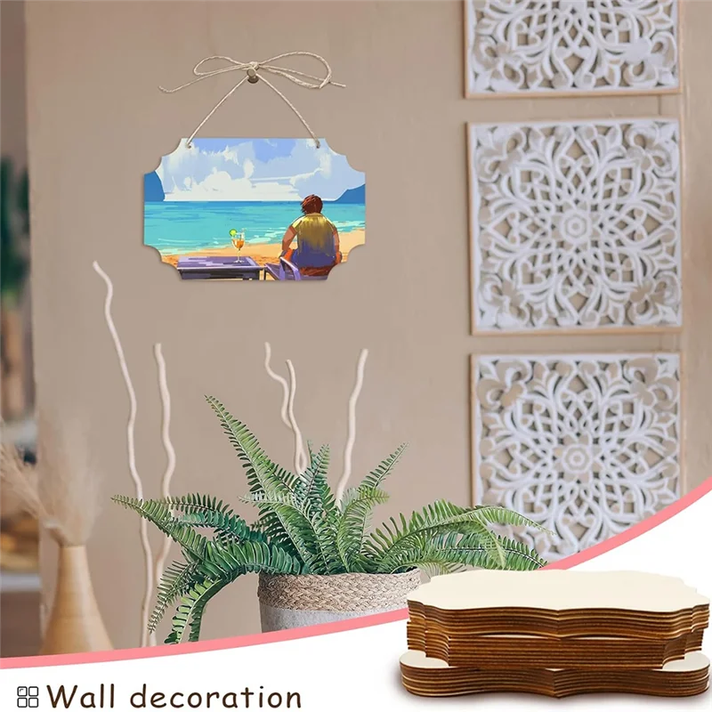 -ESTR 24 Uds. Letrero de madera colgante sin terminar en blanco con cuerdas, letrero de madera en blanco rectangular, letreros de puerta artesanales colgantes lisos, arte de pared