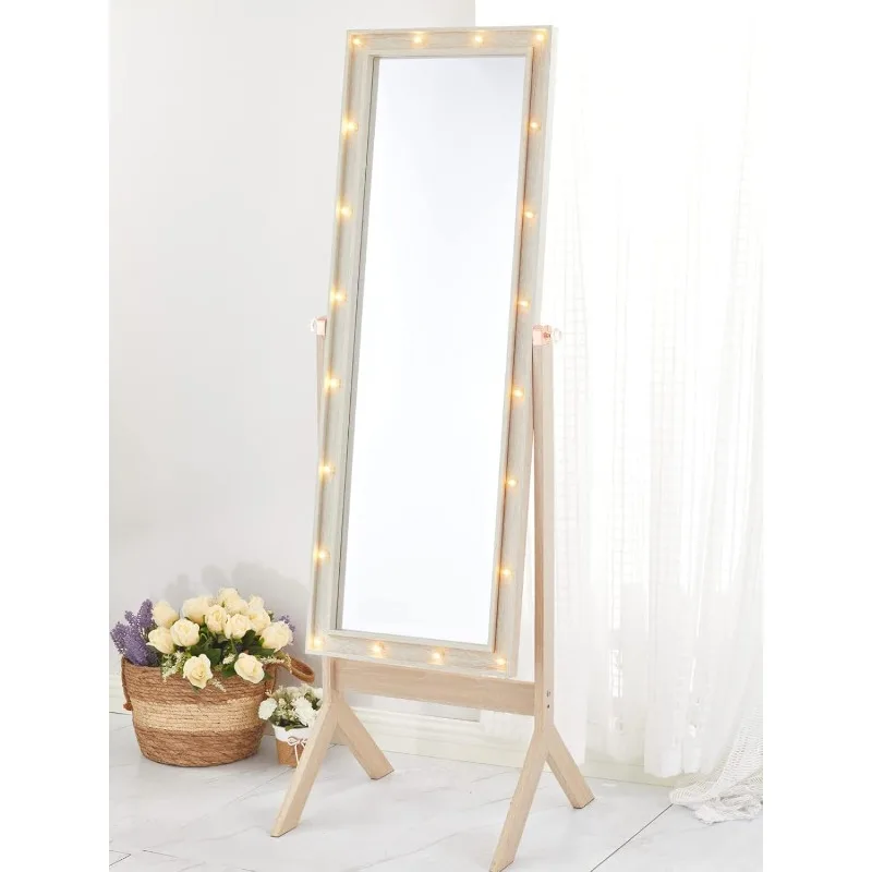 Miroir pleine longueur avec support, miroir complet pour chambre à coucher, miroir de chevet au sol avec lumières, autoportant pour chambre à coucher