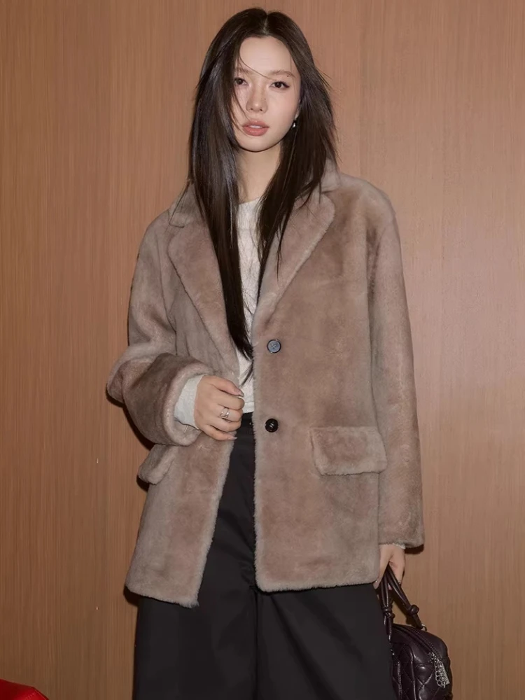 

High-end Luxury Merino Sheep Fur Plush Jackets for Women Simple Notched Collar Winter Genuine Leather Real Fur Shearling Coat
