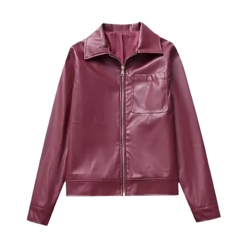 PU Leather Zipper Jacket For Women Retro Lapel Loose Casual Long Sleeve Coat Tops 2023 Autumn Fashion Motorcycle Outwears