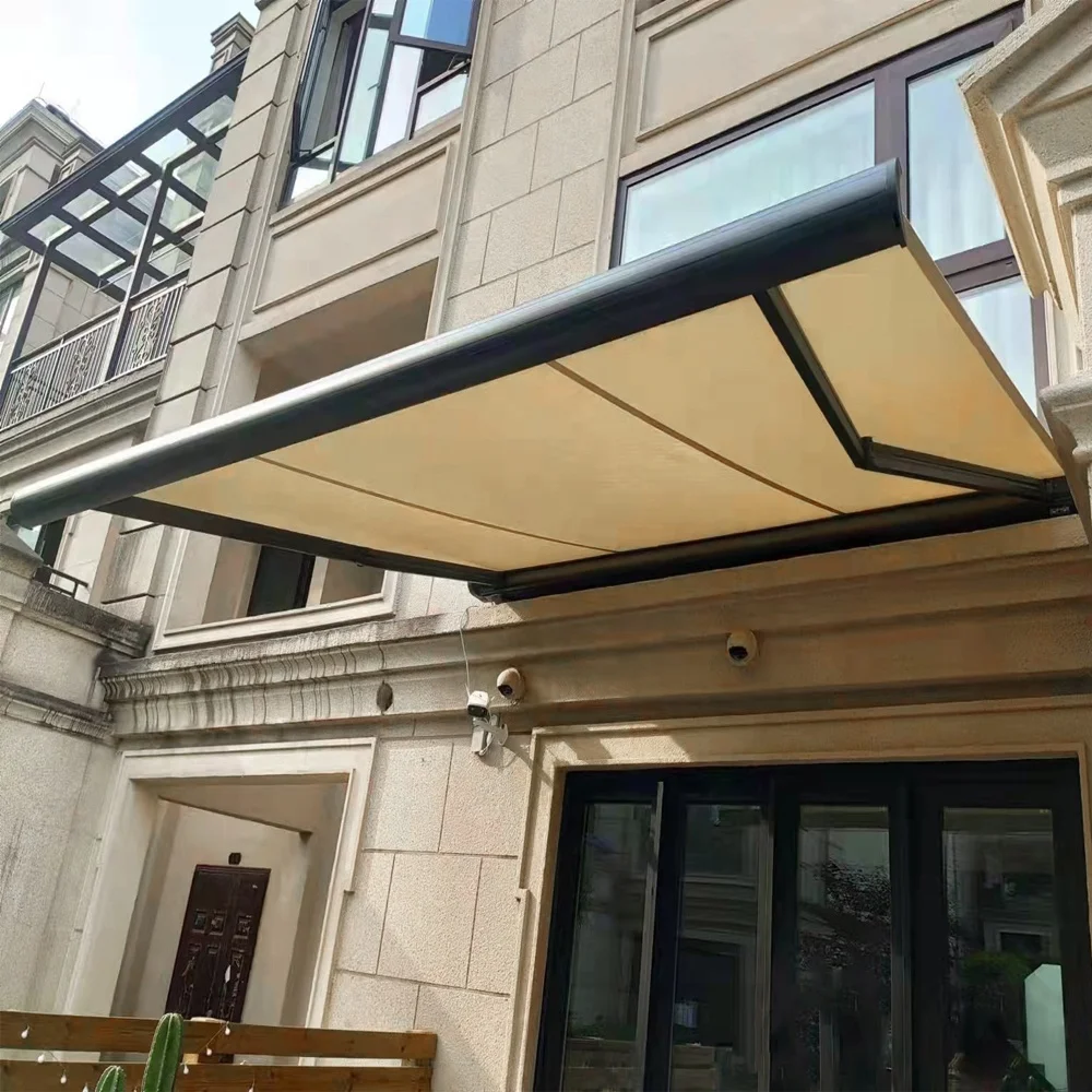 

Deluxe Folding Arm Electrical Box Awning for Shop with Lighting Full Cassette Motorised Retractable Awning