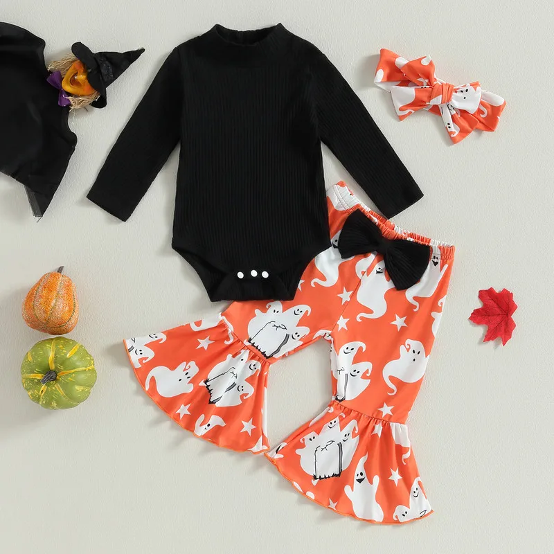 Halloween Newborn Baby Girl 3PCS Pant Sets Autumn Clothes Long Sleeve Ribbed Bodysuit and Ghost Print Flared Pants Headband Sets