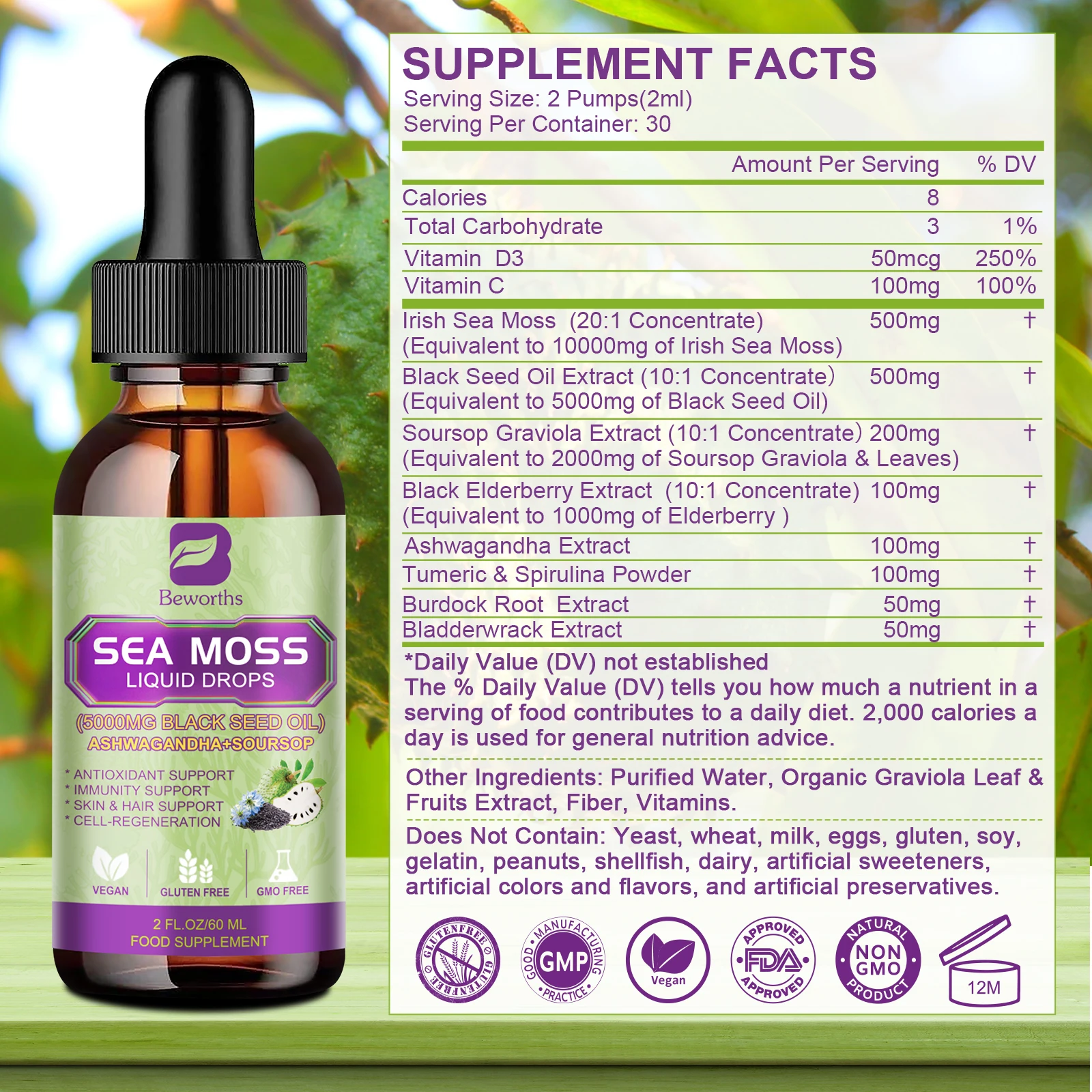 BEWORTHS Sea MOSS & Soursop Graviola экстракт капель поддерживает иммунитет и здоровье почек, способствует пищеварению и антиокислению