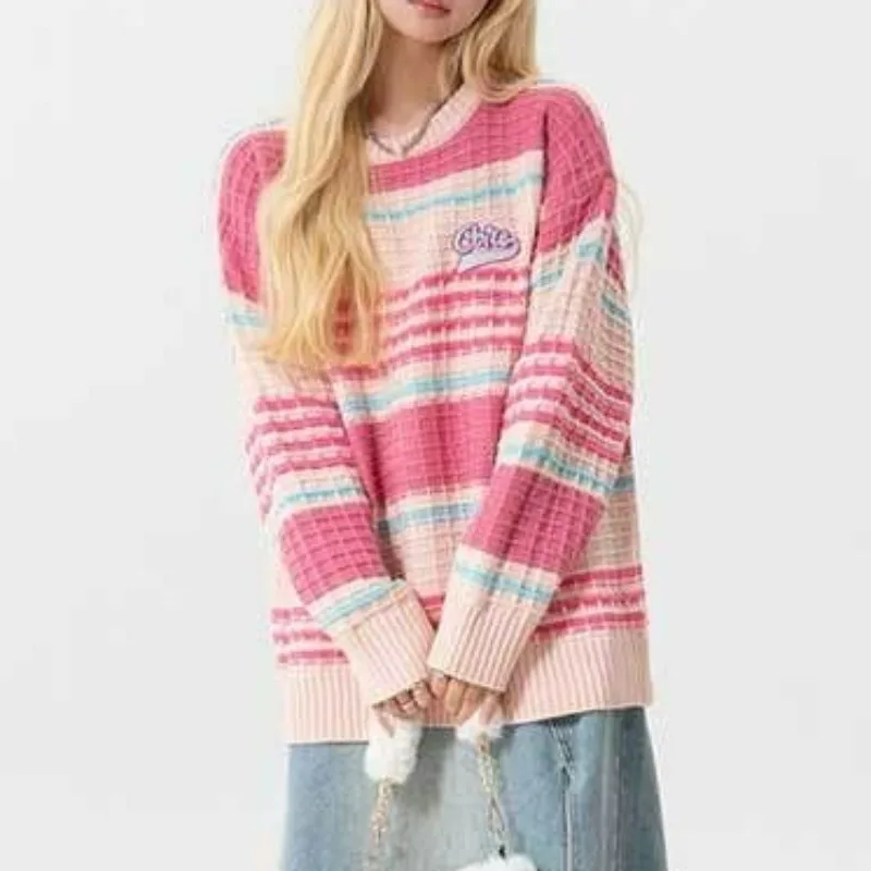 

O Neck Loose Casua Grunge Knit Jumpers Contrast Color Stripe Sweater Y2k Autumn Winter High Street Sweet Vintage Chic Pull Femme