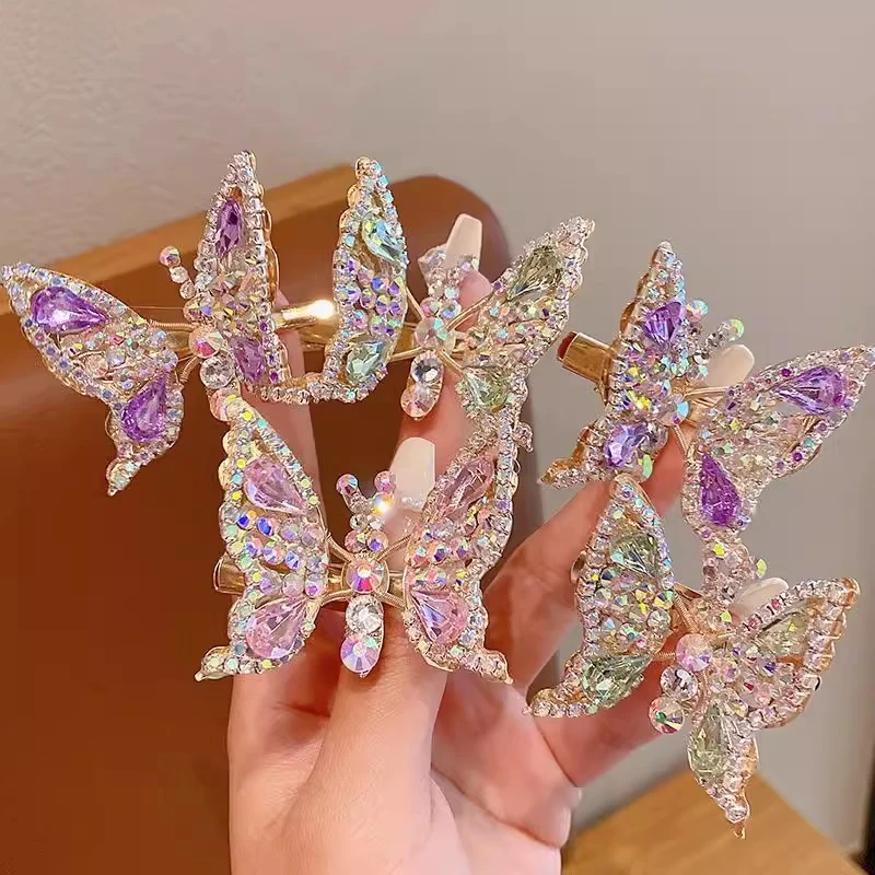 New Fashion Alloy Rhinestone Butterfly Hair Clips For Girl Women Summer Sweet Cute Shining Side Barrettes Bangs Clip Headwear Gi