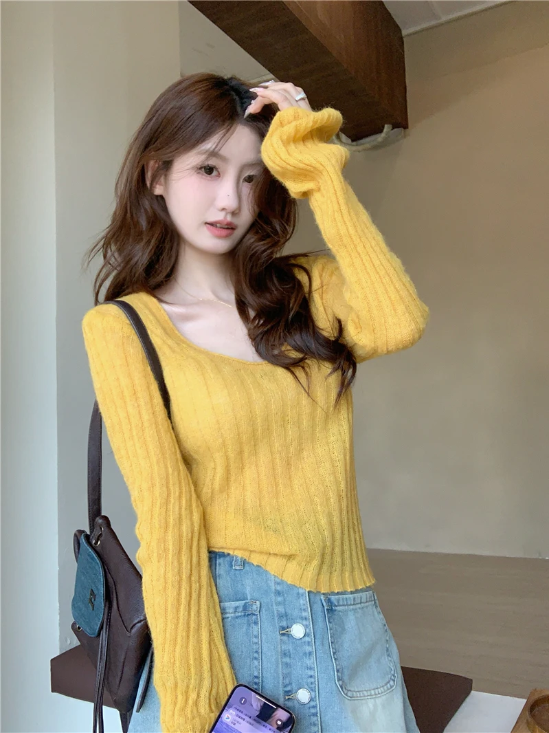 

Slim Fit Long Sve вязаный свитер ort Sle Base Layer Top для женщин Модный корейский сладкий и пряный Sle Lazy Faion