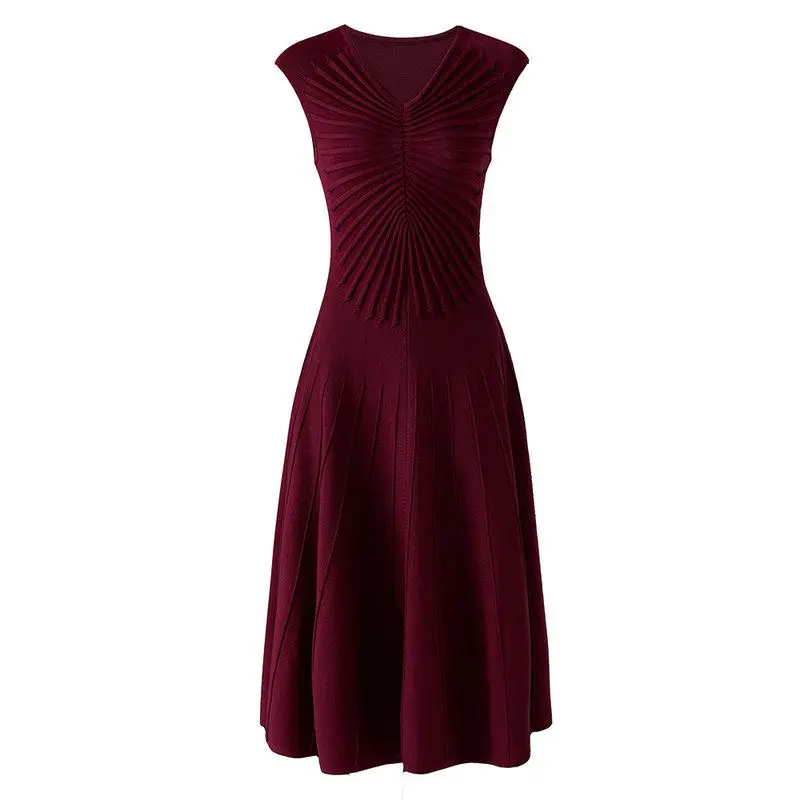 

Elegant Knitted Long Dress Vest Top Sleeveless 3D Decoration Stripe Heavy Work Midi Dress Women's Fashion Spring Autumn