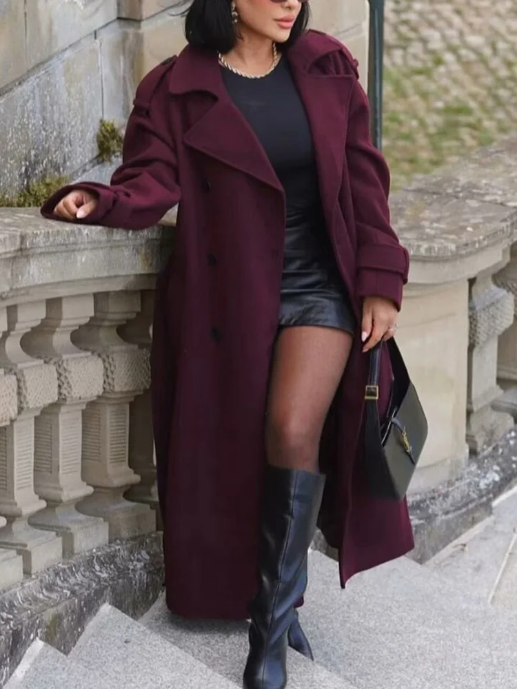 HH 2024 Women Wine Red Tweed Coat With Belt Turn-Down Collar Long Sleeve Pocket Double Breasted Female High Street Outerwear