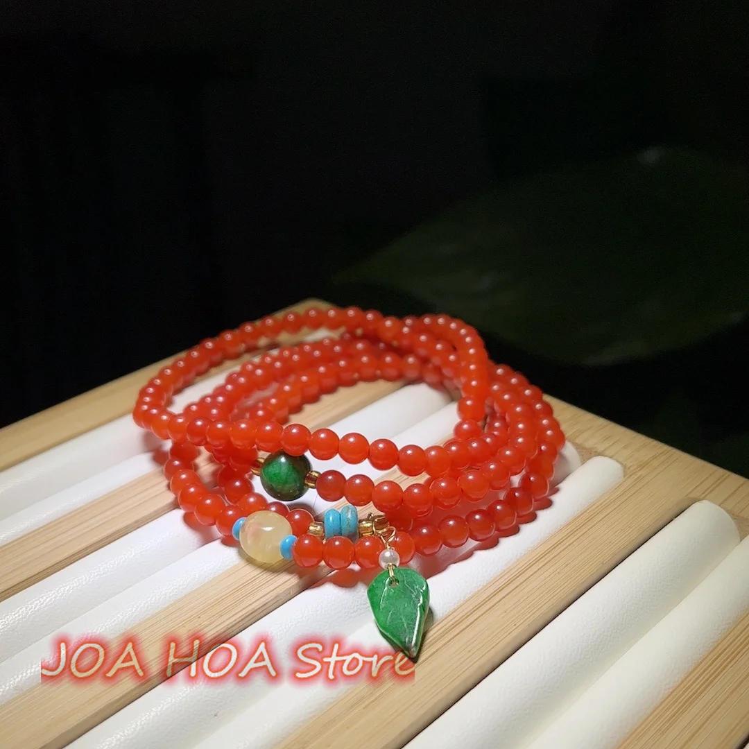 Round Bead Bracelet Necklace With Four Circles Hand String Natural Warring State Agate Bangle Chain Dry Verdant Jade DIY Jewelry