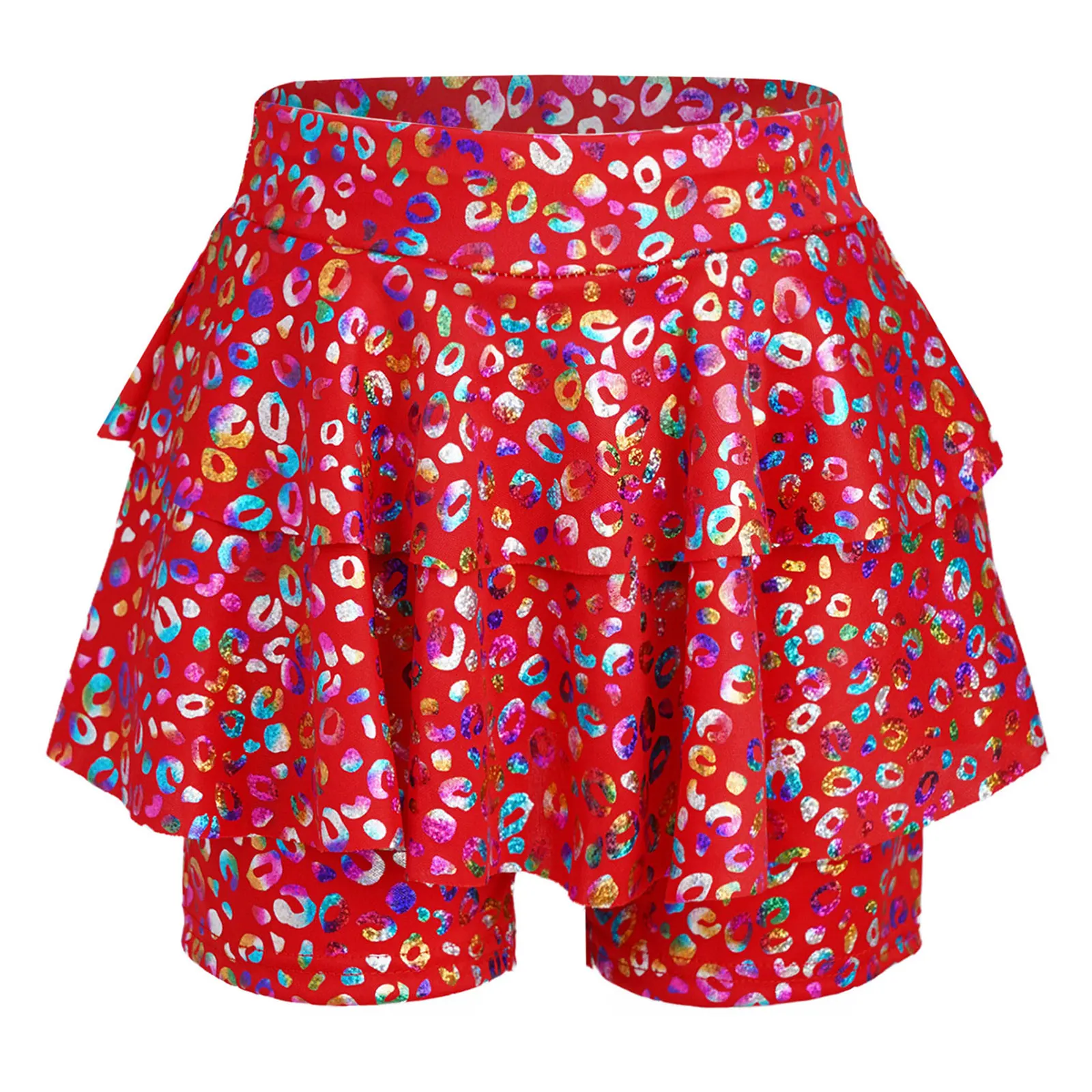

Kids Girls Metallic Leopard Print Skirted Shorts High Waist Elastic Waistband Culotte for Jazz Dance Cheerleading Performance