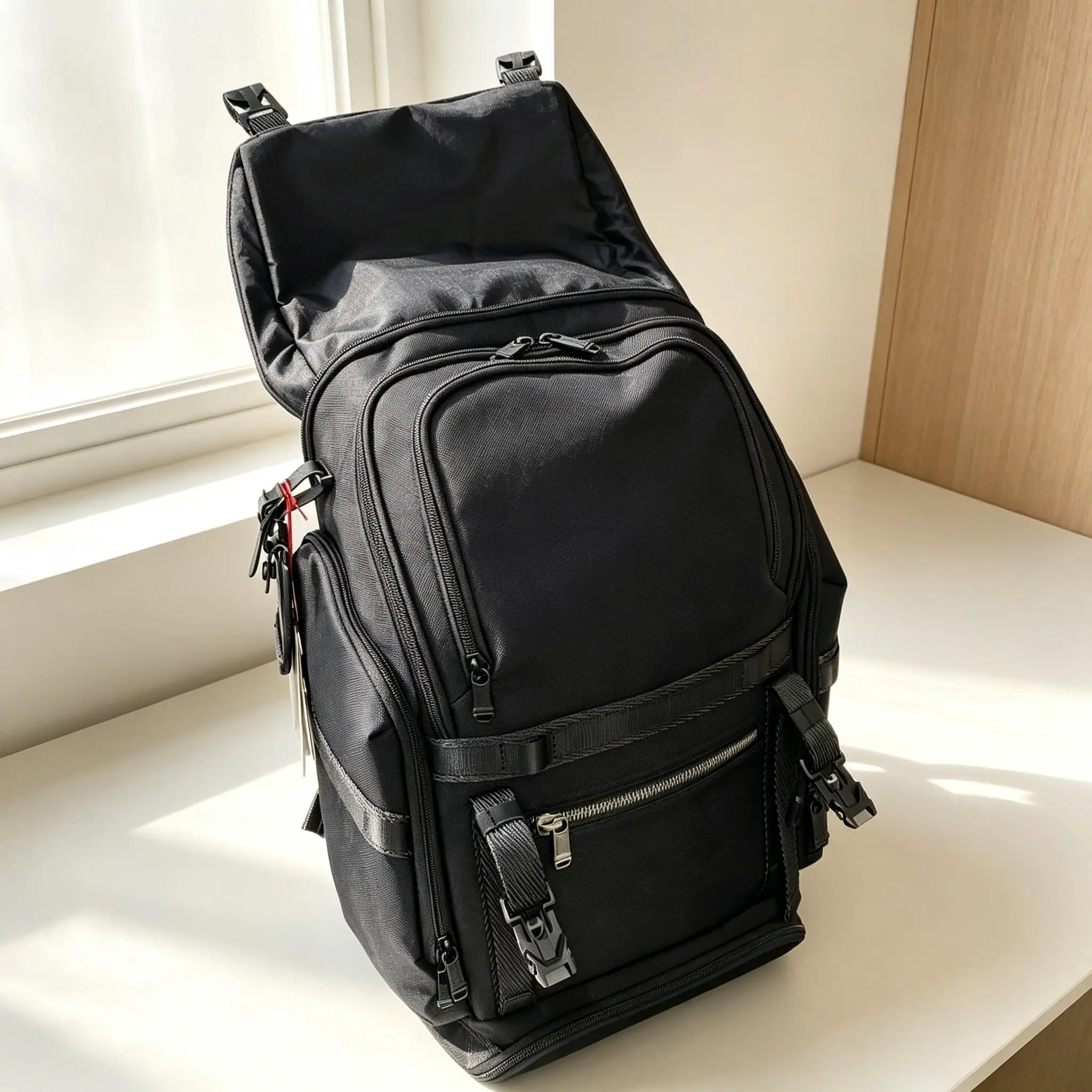 Men's Classic Fashion Black Nylon Rucksack, Multi-Function Business Commute Backpack