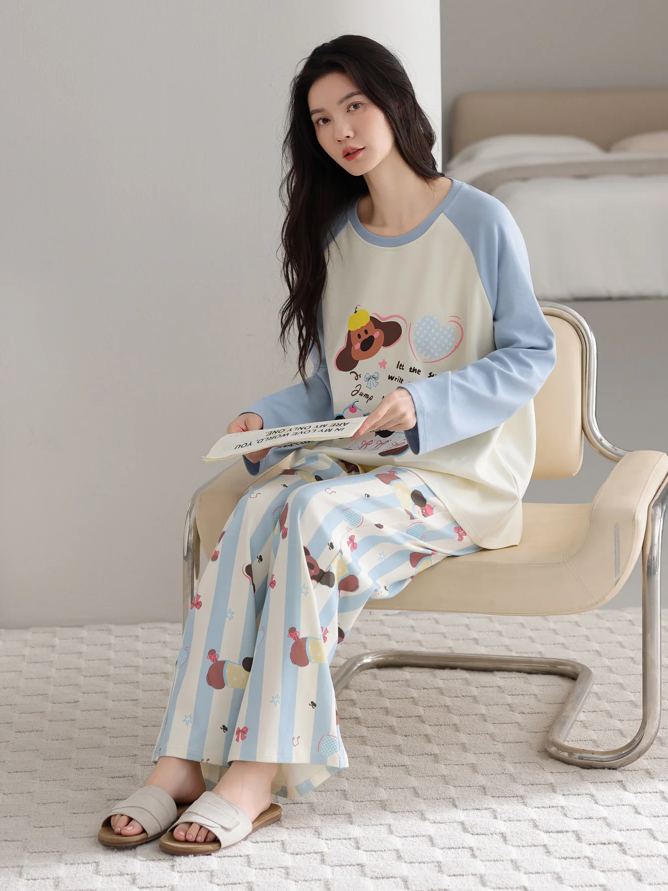 ملابس نوم من القطن الخالص 100% مع وسادة صدر، سراويل نسائية للخريف والشتاء بأكمام طويلة، ملابس نوم نسائية مقاس كبير من القطن الخالص #4