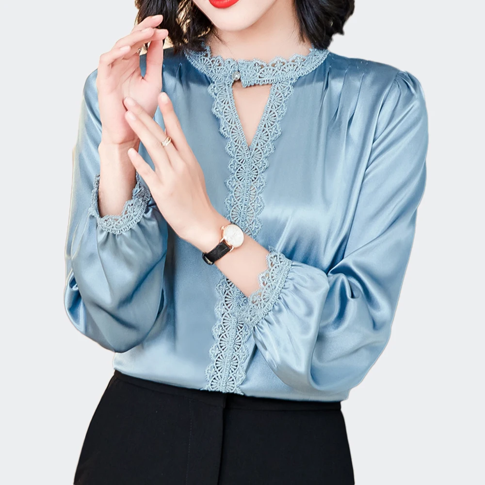 

Chic Lace Stitching Silk Shirts Women Elegant V-Neck Fashion Women Blouses 2025 Ladies Casual Tops Outwear Clothing