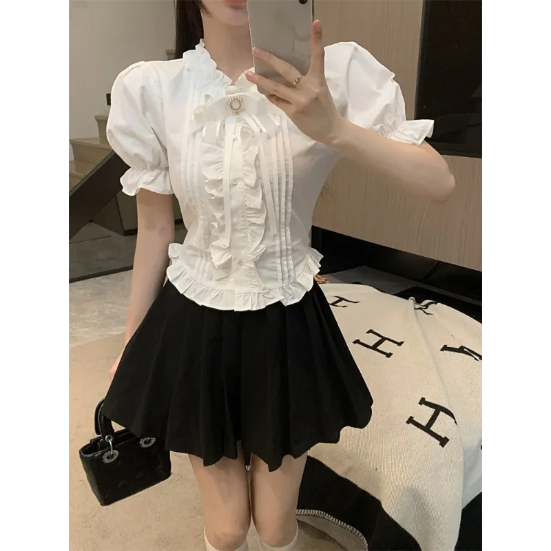 เสื้อเชิ้ตแขนสั้นผูกโบว์ ดีไซน์สำหรับผู้หญิง ชายเสื้อทรงฟองจ์ ทรงเข้ารูป