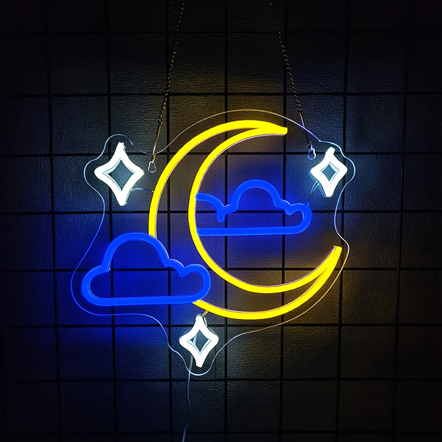 Moon Star Cloud LED Neon Light, USB Powered Crescent Moon Star Sign, Bedroom Room Wall Art Decor for Xmas, Birthday & Wedding