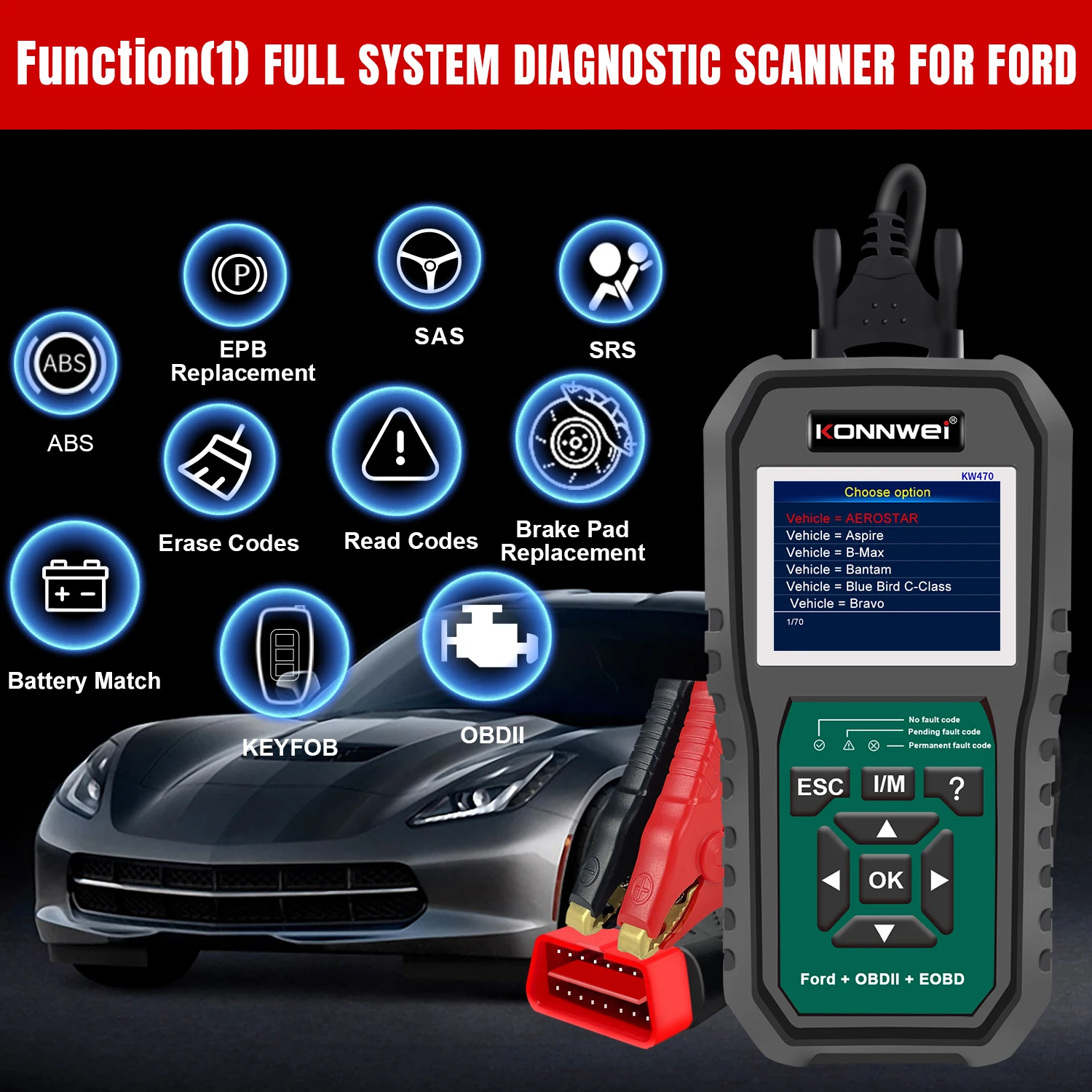 Konnwei KW470 Car OBD2 Scanner Full Functions OBDII ABS SRS Scan Tool for Ford with Active Test 3 Service Oil/SAS/BMS Reset Tool