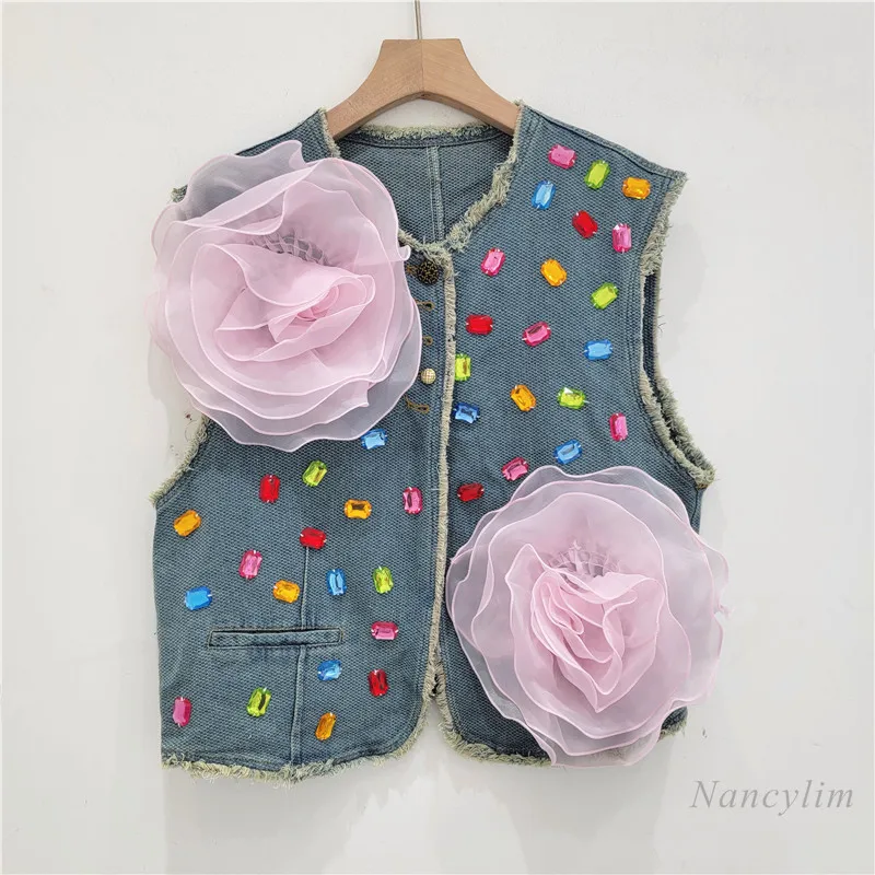 

2024 Autumn New Three-Dimensional Vintage Flower Round Neck Vest Chic Burr Design Sense Sleeveless Coat Street Waistcoats