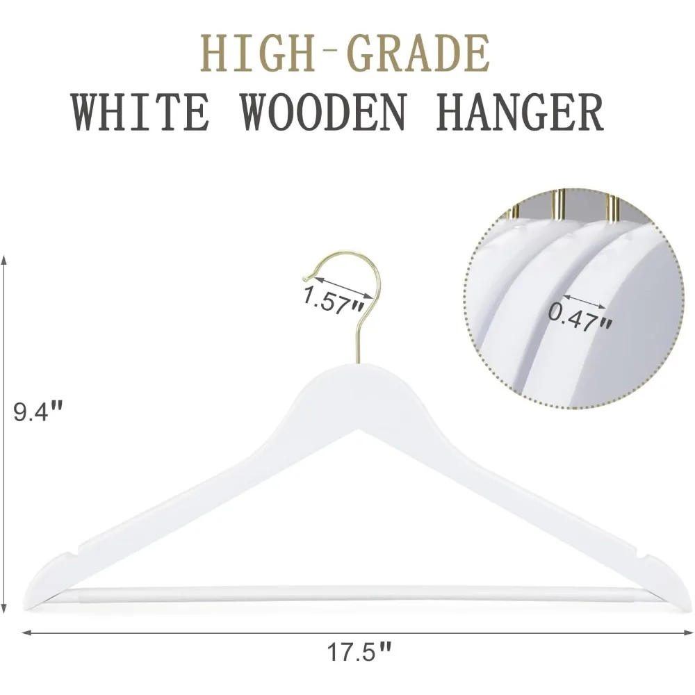 Wooden Hangers 30 Pack, White Wood Coat Hanger with 360° Swivel Gold Hook, Non Slip Pants Bar and Shoulder Notches