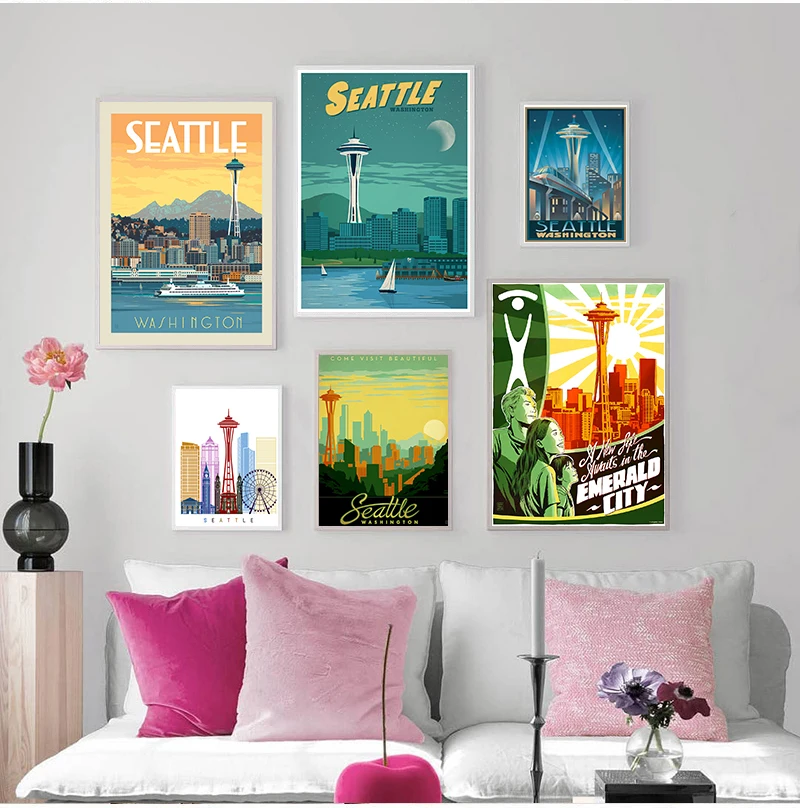 United States Seattle City Washington Travel Canvas Paintings Vintage Wall Kraft Posters Coated Wall Stickers Home Decor Gift