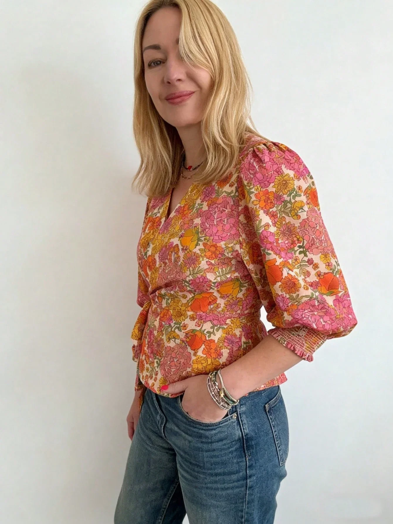 

Women's Floral Wrap Blouse With Puff Sleeve Ruched Cuff Casual Top