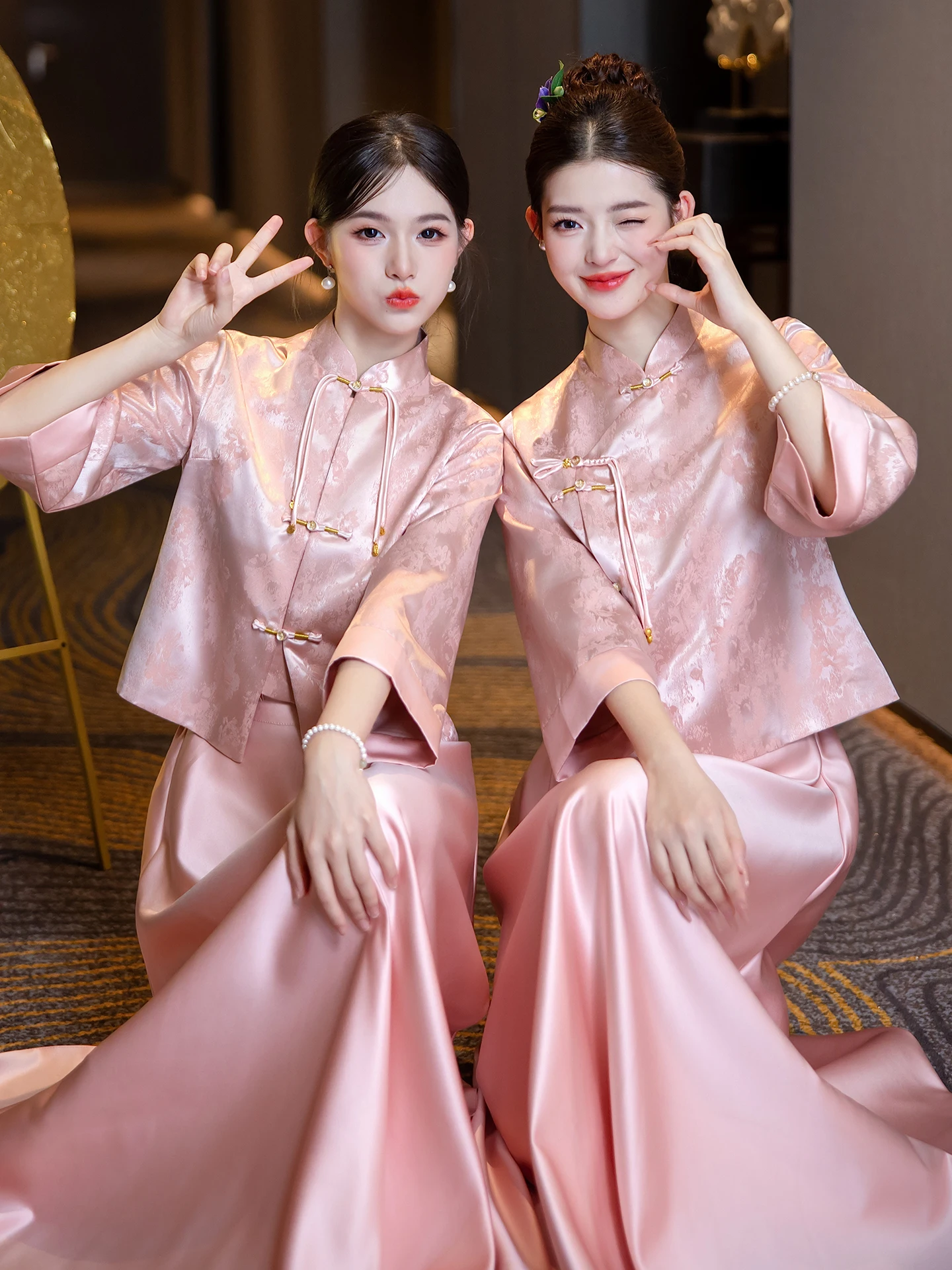 

Ele Pink New Chinese Sle Maids Dr Long Sve Wedding Gown for Sister ups Autumn Winter Seasonal Wear