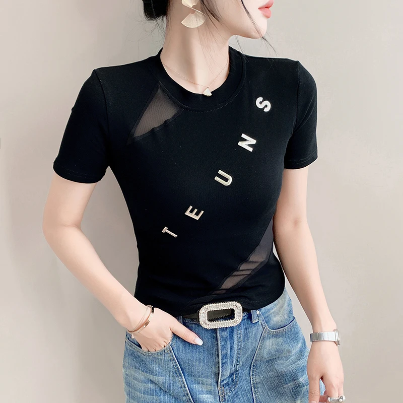 Noir, été, coréen, Style, T-Shirt, femmes, Chic, Sexy, col rond, Patchwork, maille, lettre, imprimé, hauts, manches courtes, décontracté, t-shirts, nouveau, 541502