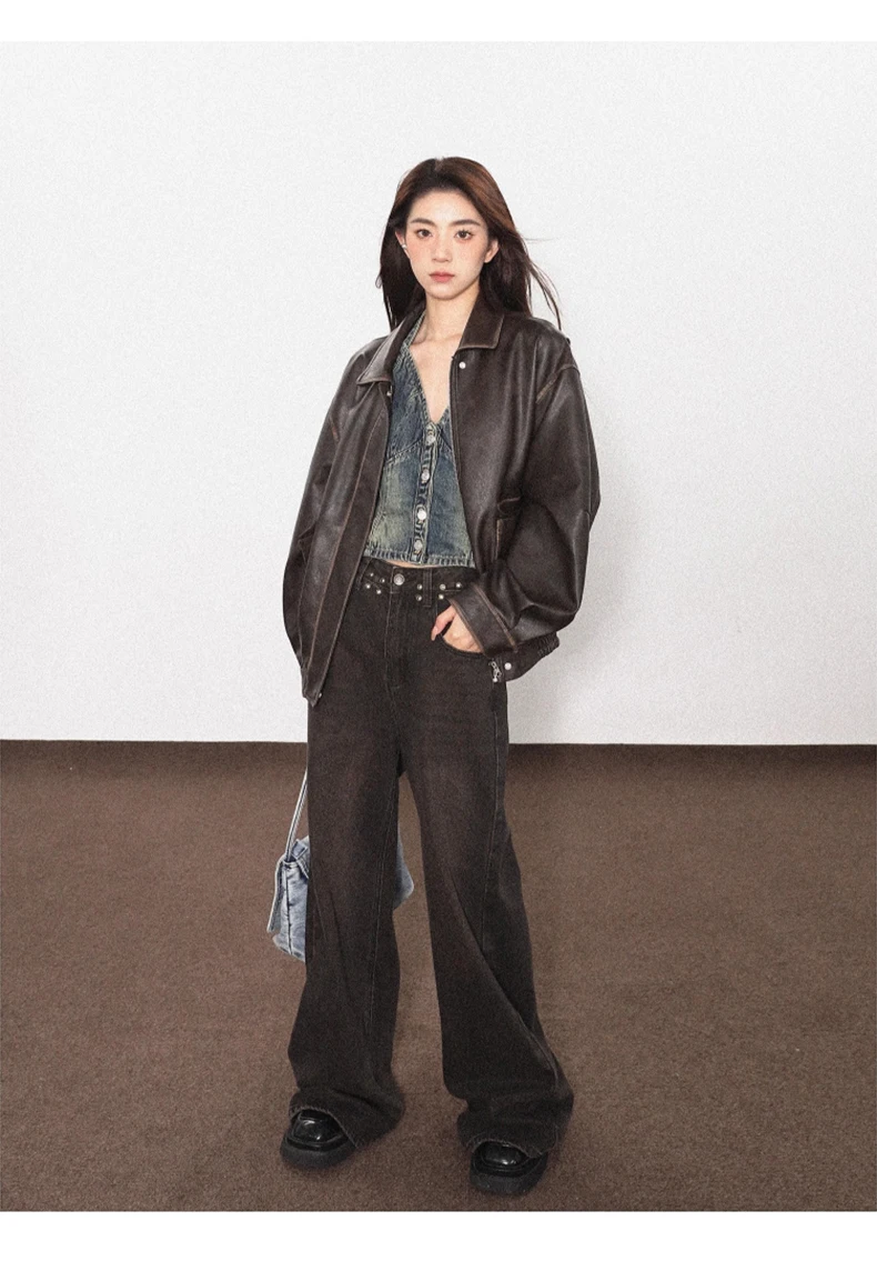 Lautaro Spring Autumn Cool Handsome Soft Vintage Distressed Brown Pu Leather Jacket Women Long Sleeve Luxury Designer Clothing