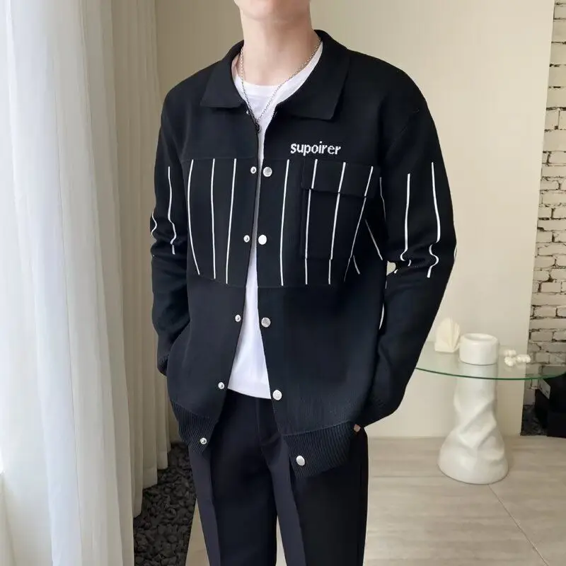 

Мужской вязаный кардиган с вышивкой на воротнике, повседневный свитер-куртка, весенне-осенняя верхняя одежда из полиэстера, стандартный крой