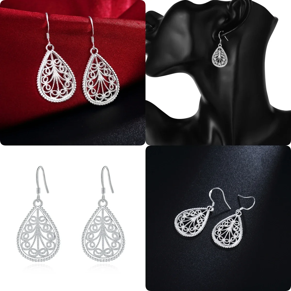 Beautiful 925 Sterling Silver Romantic carved drop shape Earrings for Women fine Fashion Party Wedding Engagement Jewelry Gifts