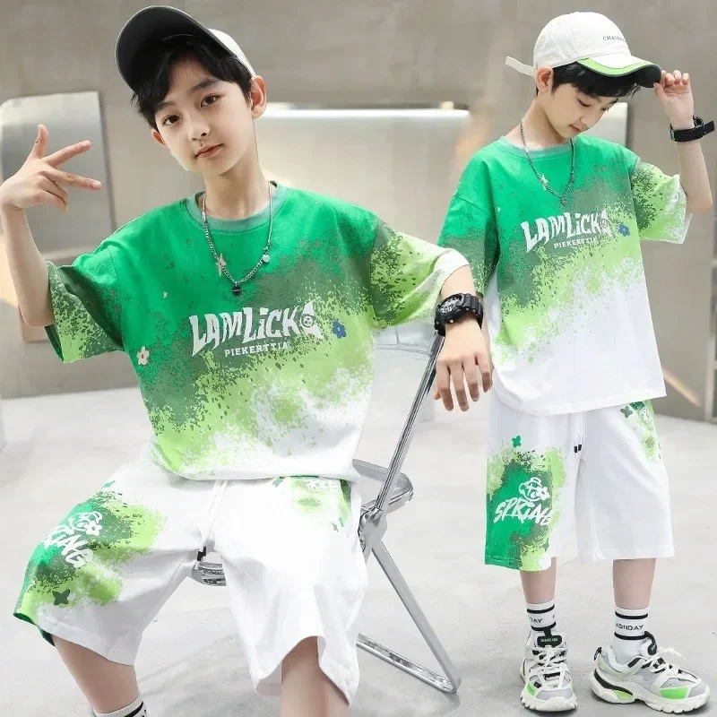 Children Summer Tracksuits UNITIM Junior Boys Short Sleeves Shorts Outfits Letter Printed Contrast 2-14Y Kids Boys Tees 2PCS Set