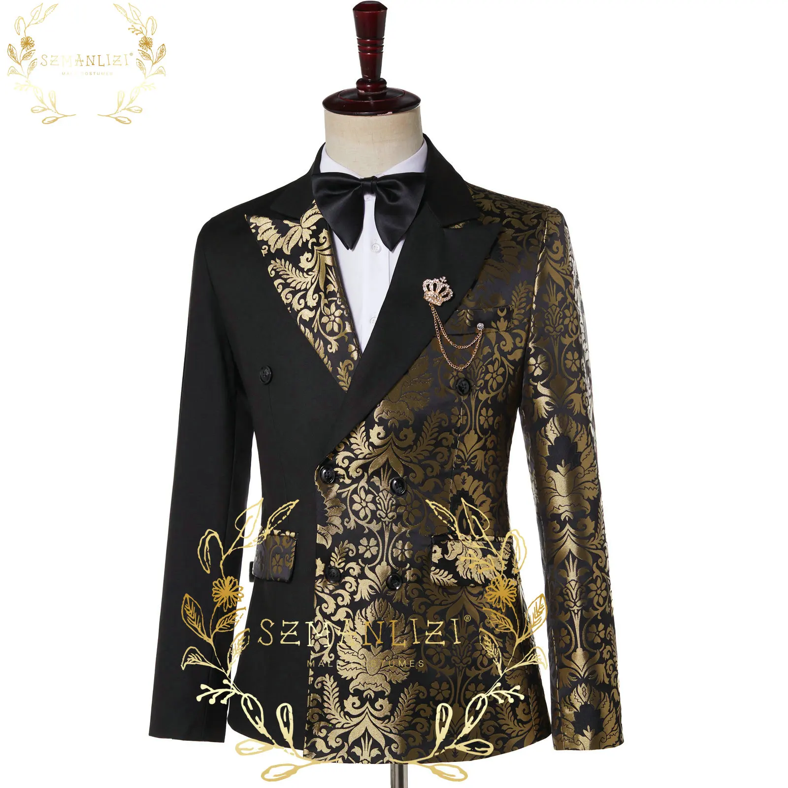 SZMANLIZI-esmoquin de doble botonadura para hombre, chaqueta con doble botonadura, color negro, dorado, Floral, Jacquard, ajustado, para novio,