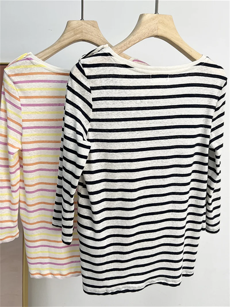 Linen Cotton Blend Lady Shoulder Buttons O-Neck Loose Thin Tshirt Women's Striped Seven-Quarter Sleeve T-Shirt