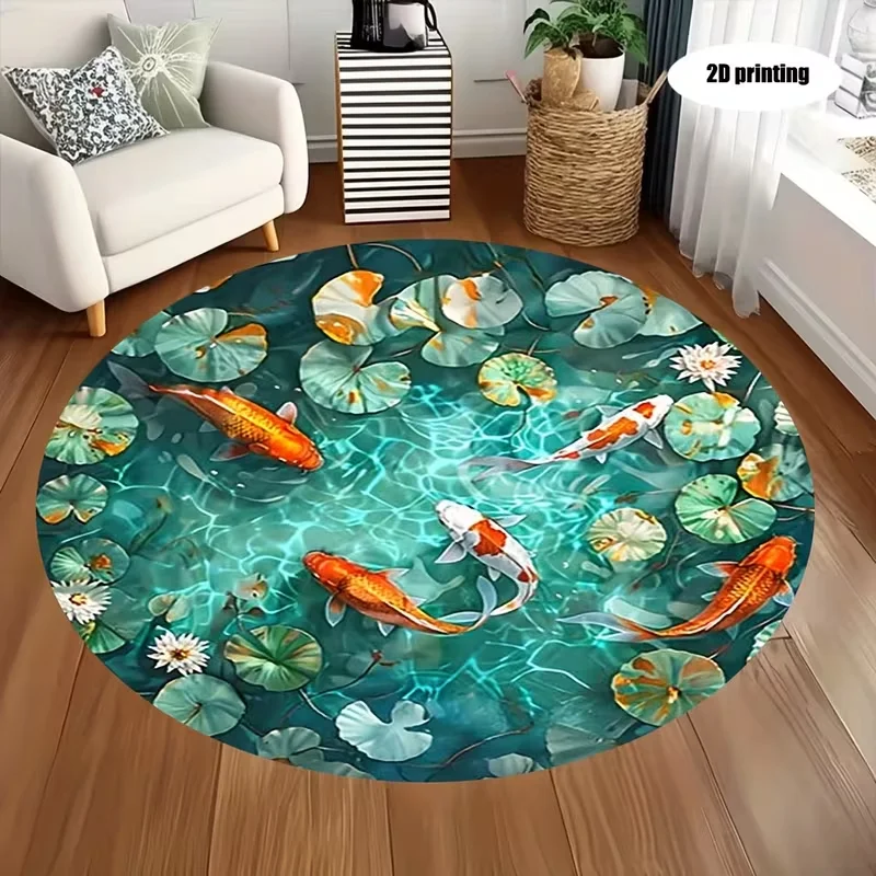 Koi Fish Pond Round Rug Rock Pool Print Circular Floor Mat Anti Slip Soft Carpet Living Room Sofa Decor