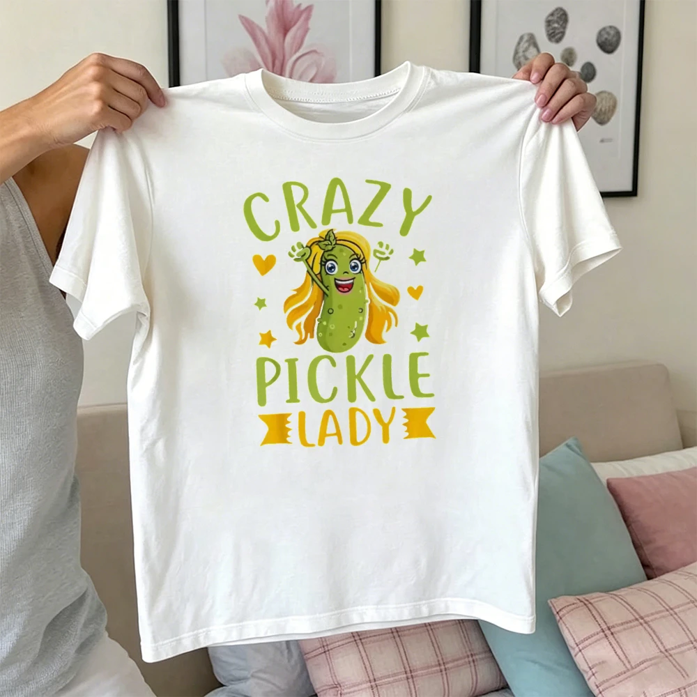 Cute Cartoon Pickle Girl Print T-Shirt Women Crazy Pickle Lady Slogan Star Heart Soft Girly Food Chic Casual Daily Top