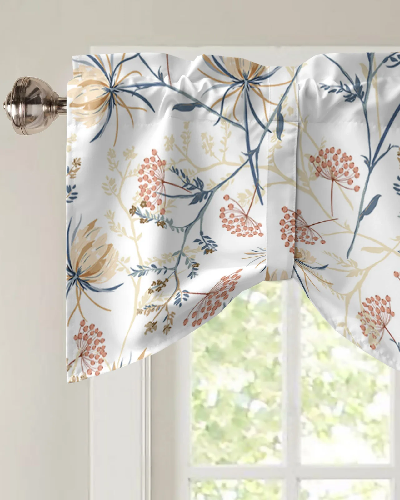 Snow Lotus Branches Leaves Flower Plant Window Valance Curtain Kitchen Cafe Short Curtains Living Room Tie-Up Valance Curtain