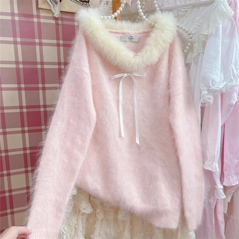 Soft Cozy V-Ne Sweater ex Loose Fit Autumn Winter Knittedwear Pastel Pink Fur Collar Casual Long Sve Turtlene Top