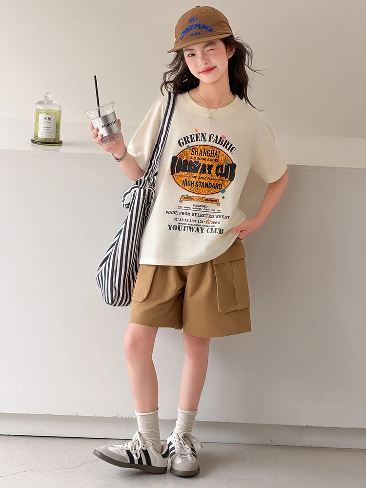 la-chapelle-ガールズ-サマー-カジュアル-半袖-tシャツとワークウェア-ショーツ-薄手-おしゃれセット-大きな子供向け-ポリエステル繊維