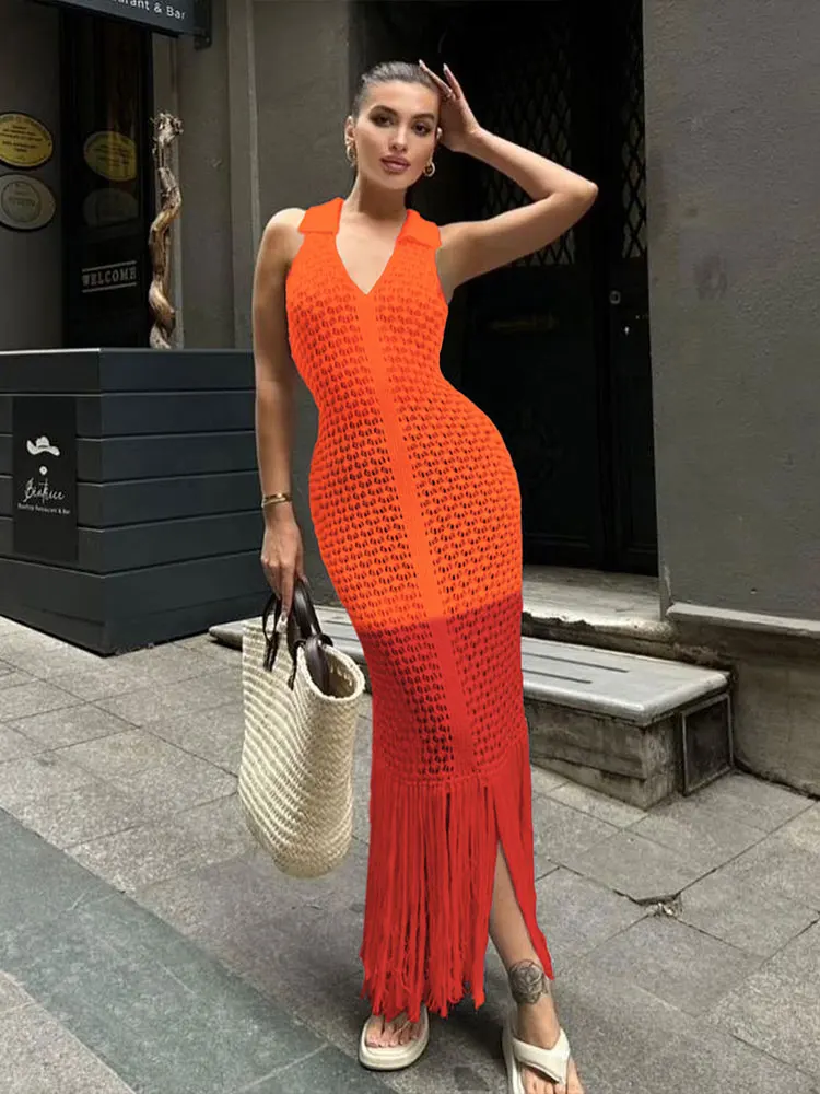 Kliou Gebreide Sexy Vrouwen Maxi Jurken Mode Prachtige Panelen Revers Lage Hals Mouwloos Kwastje Schede Lange Gewaad Mujer Clubwear