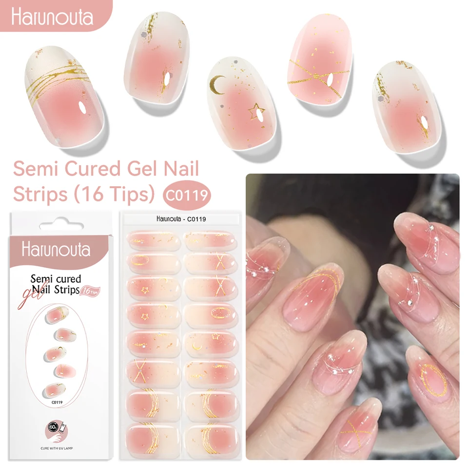 Harunouta 16 tiras de gel semi curado con degradado rojo, mármol y líneas doradas, tiras de uñas de gel DIY para uñas, funcionan con UV/LED 2