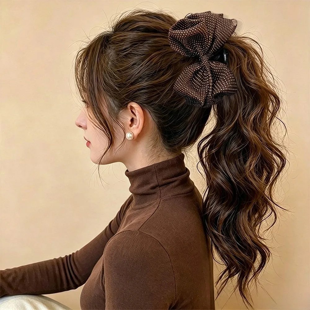 2pcs Vintage Polka Dot Hair Claw Clip Set Bow Fabric Shark Clip Coffee Black Beige Non-Slip Banana Hair Clip Party