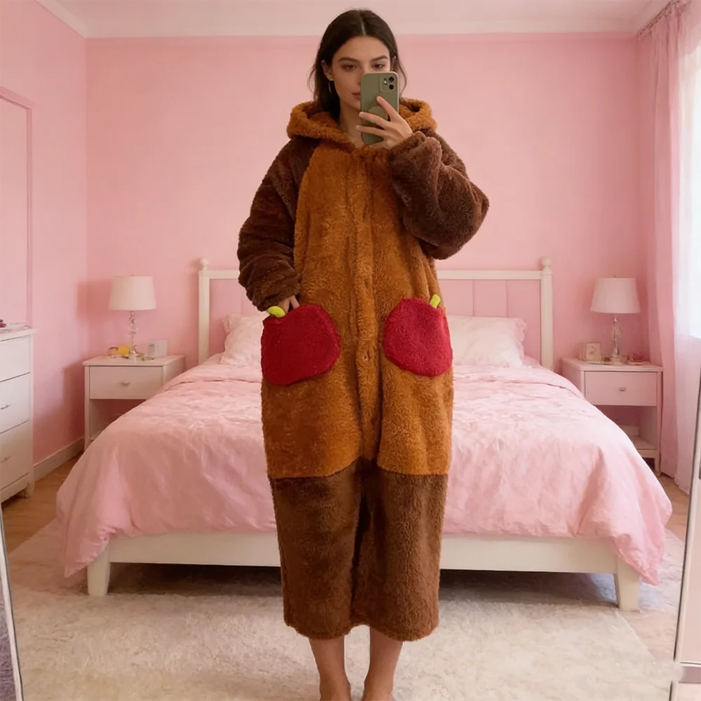 

Winter Flannel Hooded Nightskirt Set With Pants Women's Thick Warm Nightgown Suit Anime Cartoon Raccoon Pajamas Robe Homewear