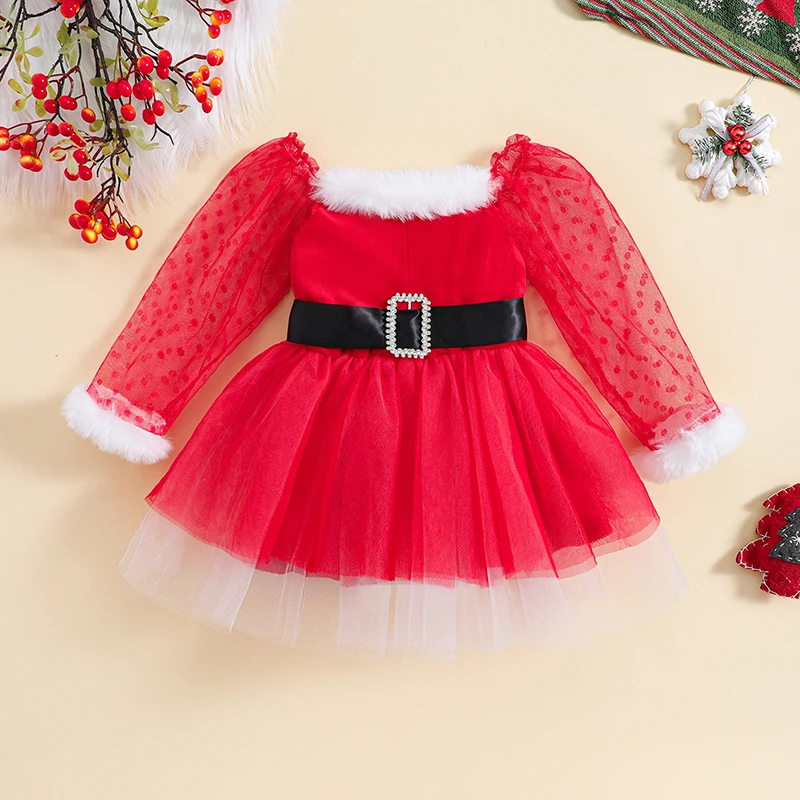 Girls Winter Holiday Dress Sparkly Sequin Embellished Long Sleeve Velvet Dress with Tulle Skirt and Faux Fur Trim