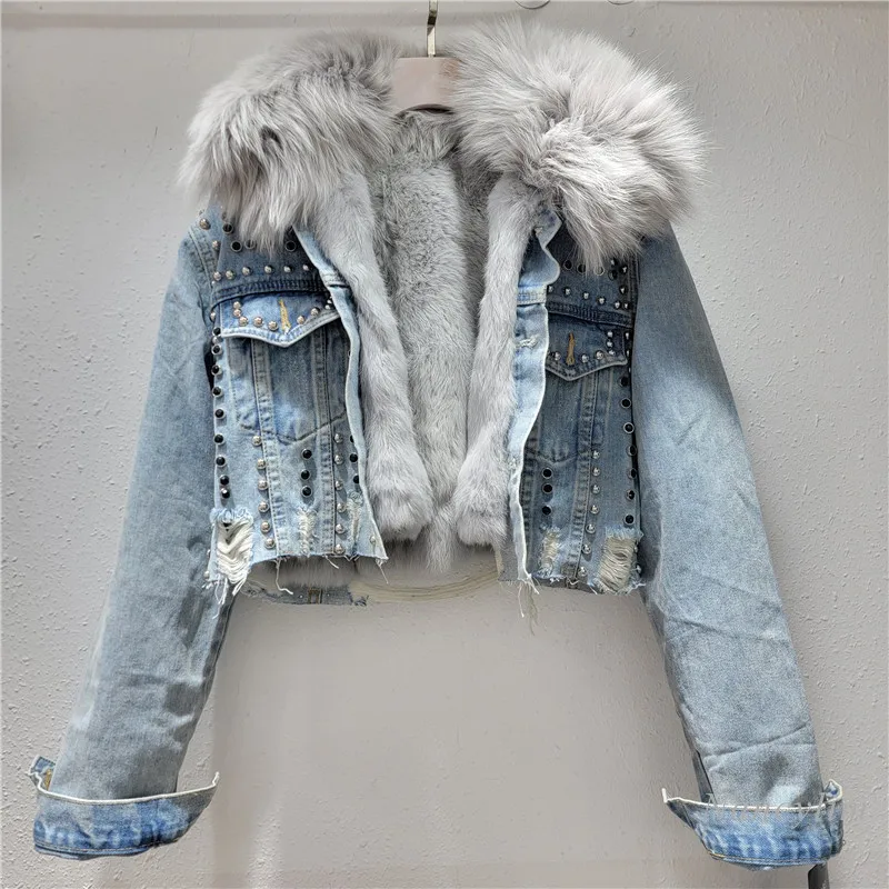 2024 Winter New Fried Street Real Fox Fur Collar Rabbit Fur Liner Warm Rivet Denim Jacket Short Coat for Women