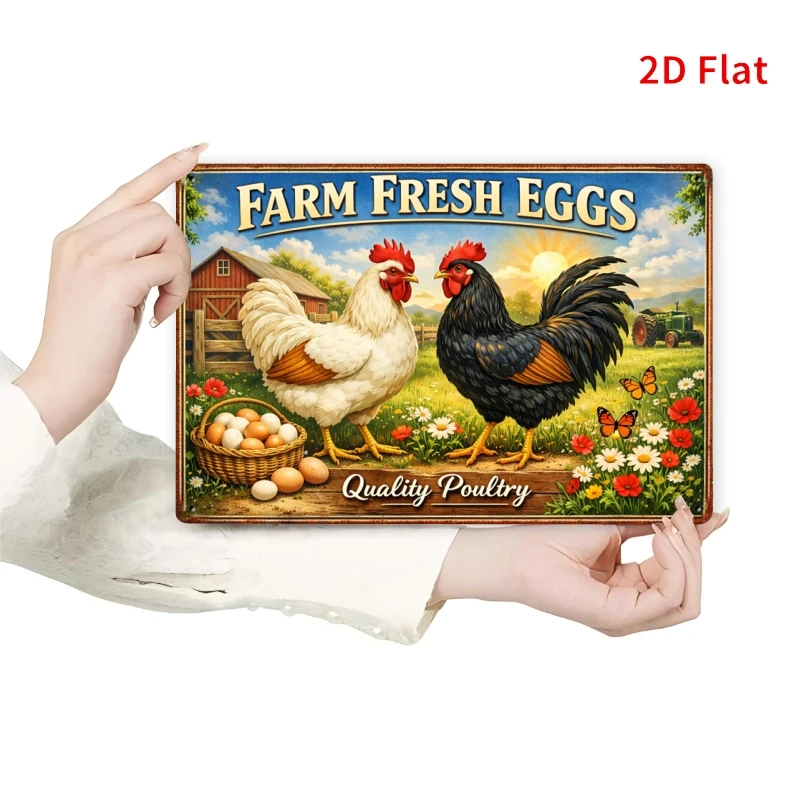 2D Flat - [2Dflat] 1pc-30X20Cm Farm Fresh Eggs Tin Sign, Retro Farmhouse Decorative Sign for Kitchen, Coop