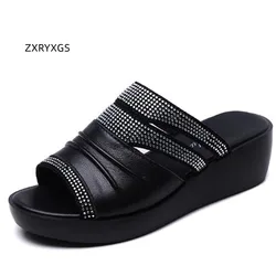 Best Sale Classic Rhinestone Cow Leather Shoes Fashion Sandals 2024 Summer Women Slipper Platform Wedges Slippers Women Sandals