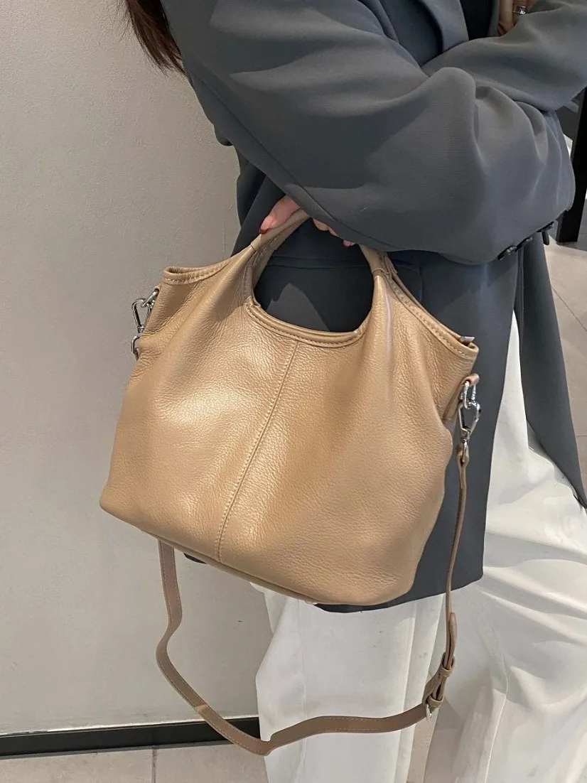 2025 New Top Grain Leather Single Shoulder Crossbody Bag Women Versatile Market Tote Soft Leather Popular Light Luxury Set Bag