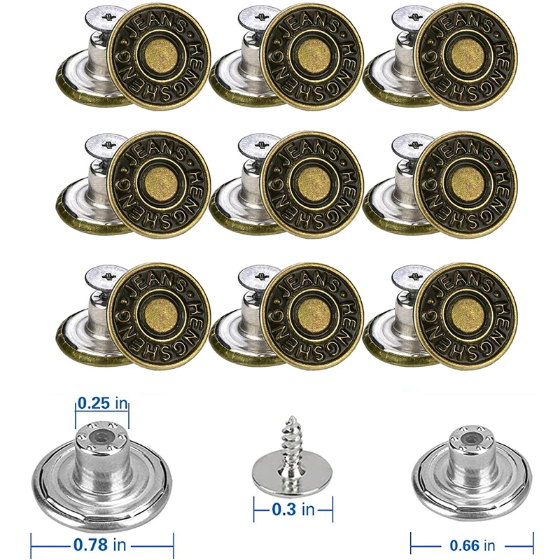 10pcs Jeans Button Replacement 20mm 17mm Instant No Sew Metal Buttons for Pants with Repair Combo Thread Rivets and Screwdrivers