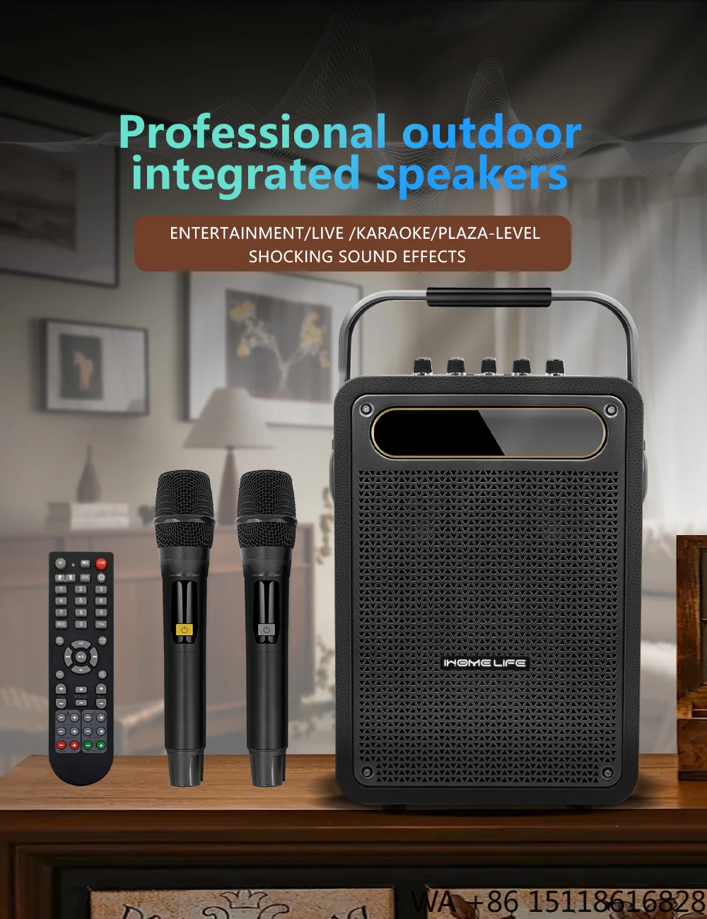 Portable Outdoor Karaoke Speaker with 2 Wireless Microphone 4800mAh Battery BT 5.0 Guitar Sax Input Speaker for Busking